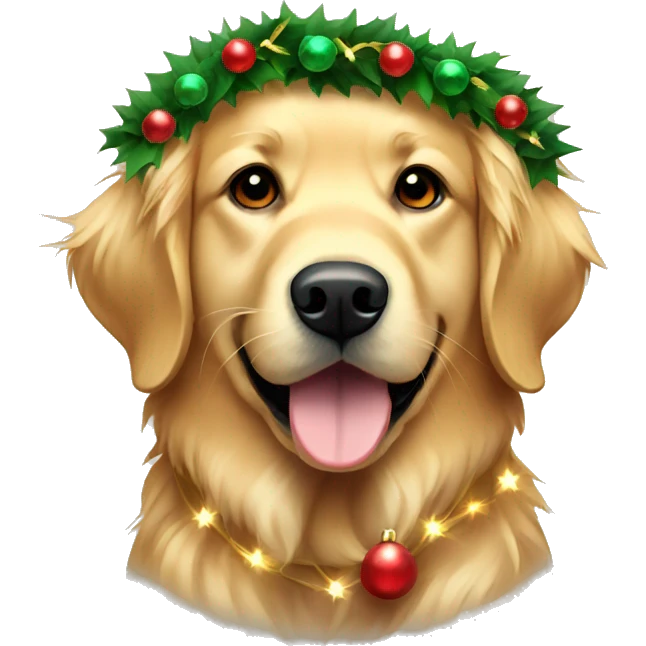 Golden retriever wearing a Christmas wreath lights around his neck emoji