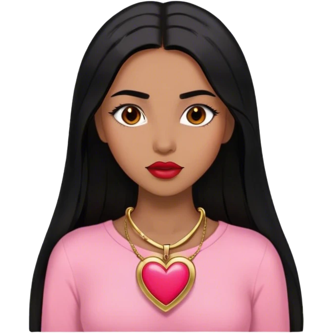 Woman,Medium brown skin,super long black straight hair, medium brown arched eyebrows, full lashes, red nude lips, gold heart locket, pink shirt emoji