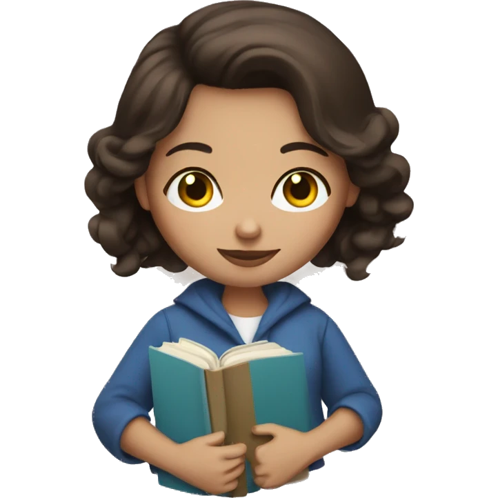 brunette woman with blue eyes holding a book emoji