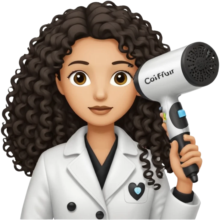Parrucchiera con il phon in mano e la scritta coiffeur assunta capelli neri e ricci lunghi emoji