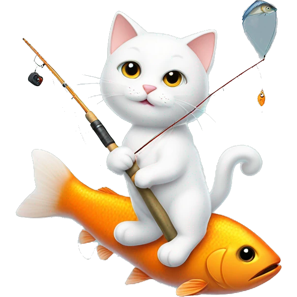 super cute white cat with orangey tail holding a fishing rod with a fish on the end emoji