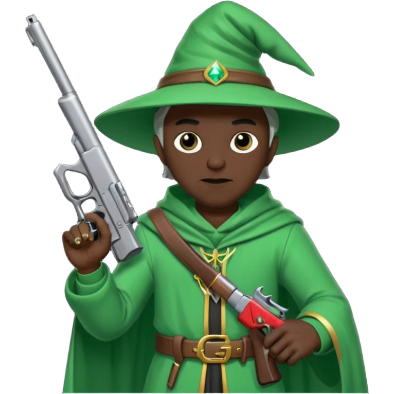 A wizard 🧙 wearing green clothes, with black skin, holding a pistol 🔫 and a rifle emoji