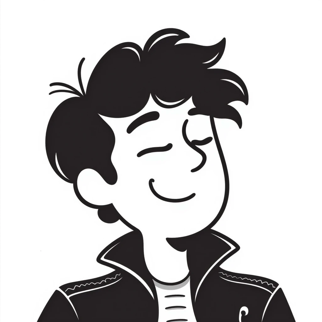 Hand-drawn portrait of a rockstar musician, face and upper body only, confident expression with half-closed eyes looking upward, knowing smirk, contemplative expression showing he's envisioning success emoji