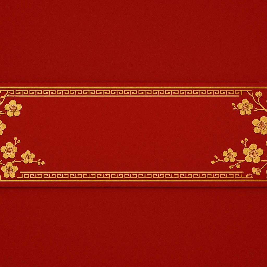 eastern style plaque for post signature, ultra long horizontal rectangle 1200x100px, only red and gold colors, decorated with peach blossoms, feng shui vibe, ornate border, no text emoji