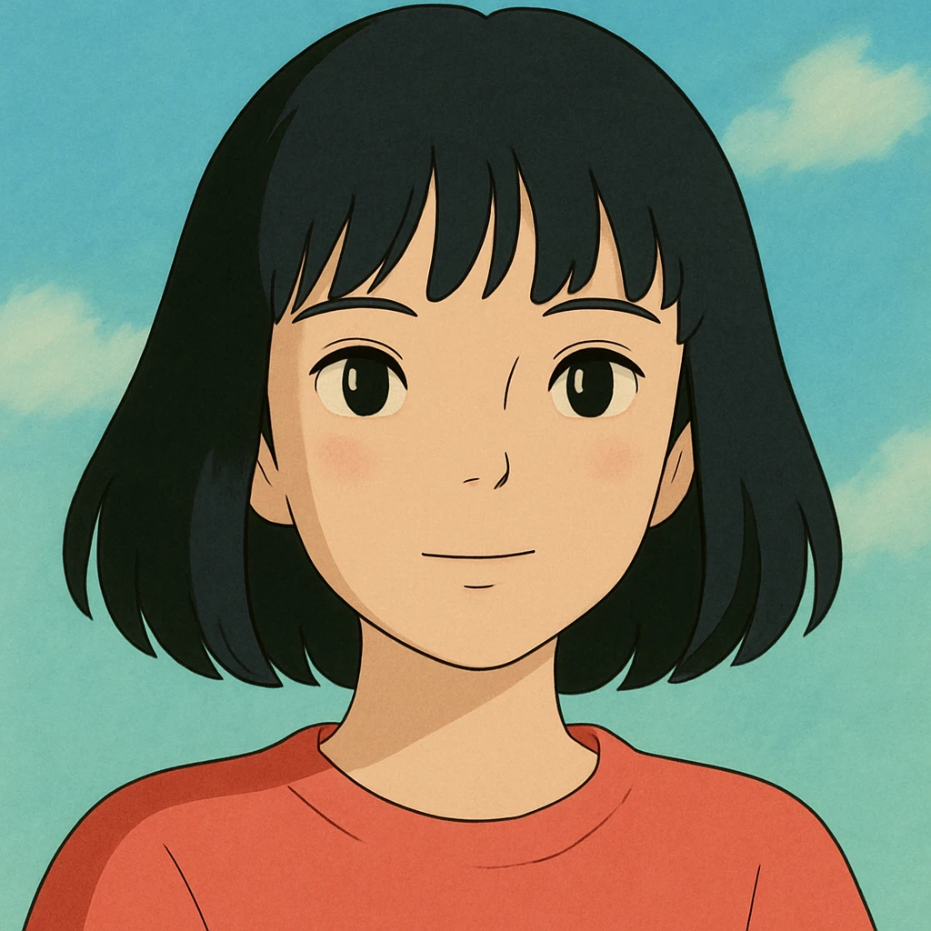 portrait of a girl with black shoulder-length hair, bangs, black almond-shaped eyes, full lips, and straight nose, in Ghibli style emoji