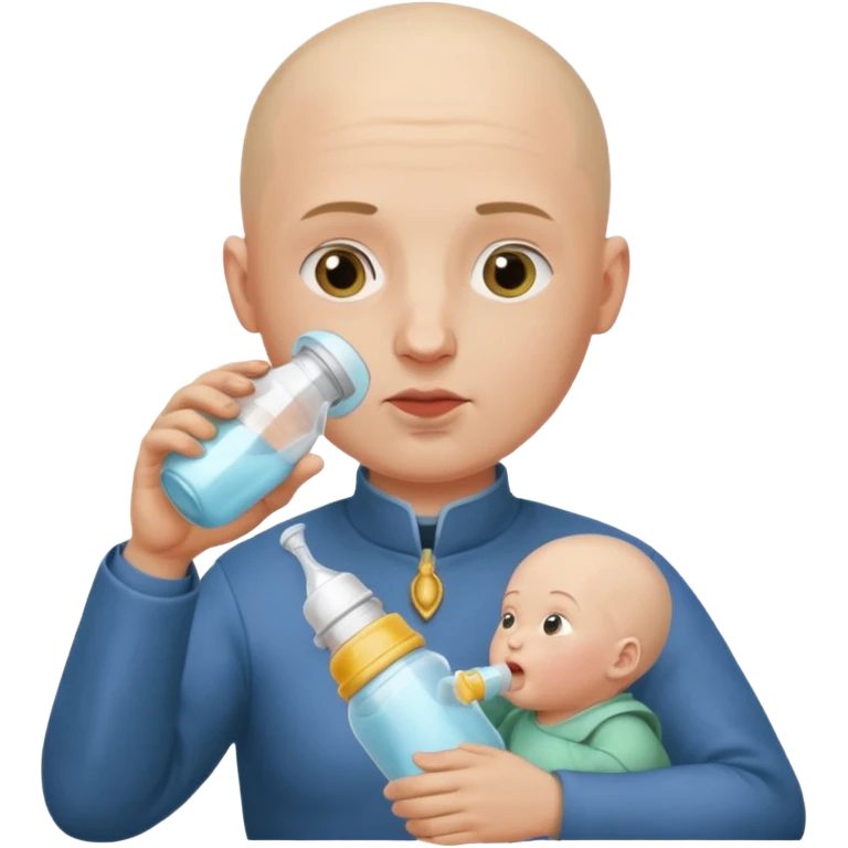 Un homme avec une calvitie cheveux ras boit un biberon  avec Jeanne d’arc dans le biberon  emoji