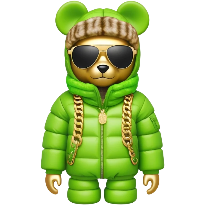 bearbrick figure with lime green grafitti-covered balaclava, voluminous puffer jacket with fur trim, single-piece wrap-around sunglasses, heavy gold chains, luxury streetwear style emoji