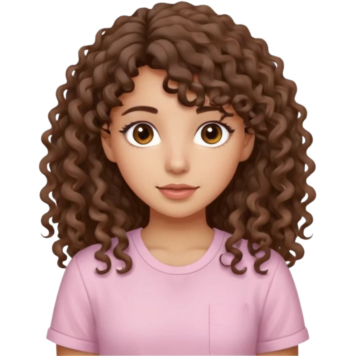 A Latina girl with brown eyes and long loose curly hair with curly bangs with a light pink shirt emoji