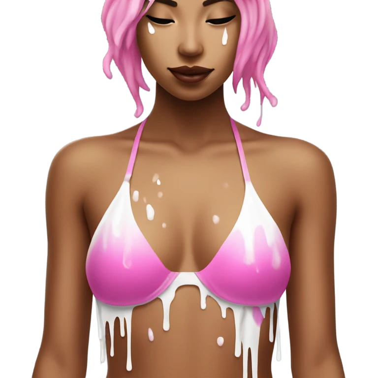 Woman wearing pink bikini with dripping white paint on top emoji