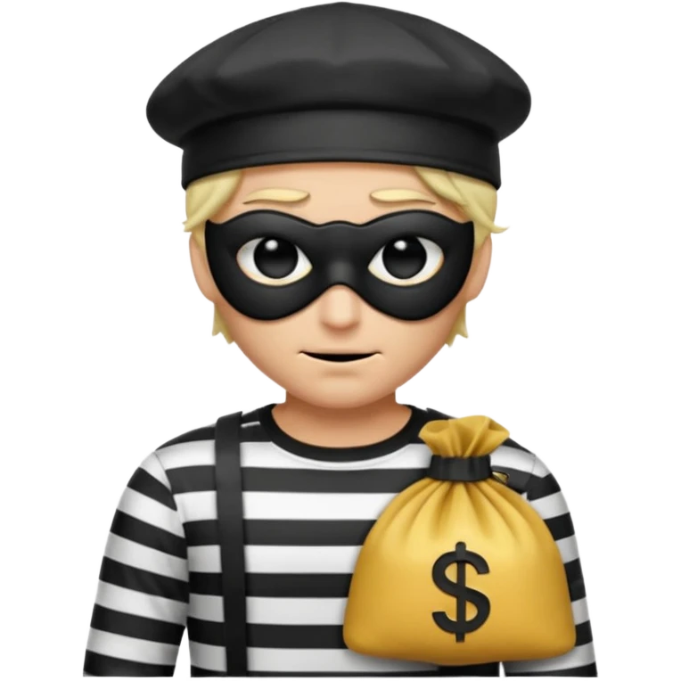 a short ios emoji-style portrait of a classic burglar, a black eye mask and a black-and-white striped shirt. emoji-like hair, black hat, ONE bag of money 💰 with a dollar sign in a right corner, evil expression WITHOUT a hand  emoji
