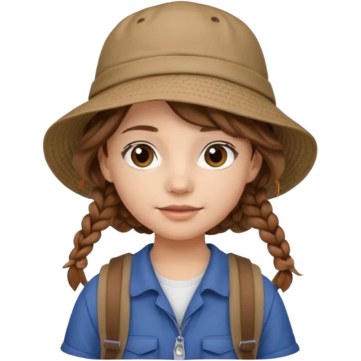 a young student girl with the backpack with bucket hat, brown wavy braided hair emoji