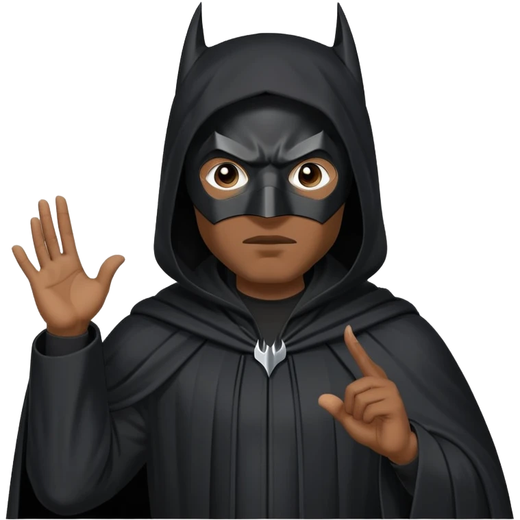 Batman mask Black man wearing a long black robe with a tall pointed hood, face fully covered except for two small eye holes, standing confidently with hands gesturing in conversation. emoji