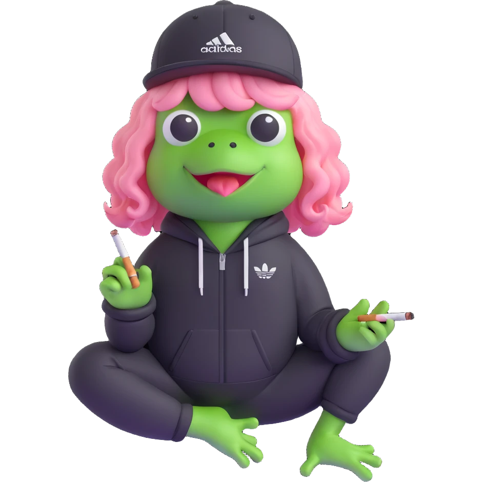 3D emoji style frog wearing a black Adidas-style track suit without logo, pink long curly hair wig, smoking a cigarette emoji