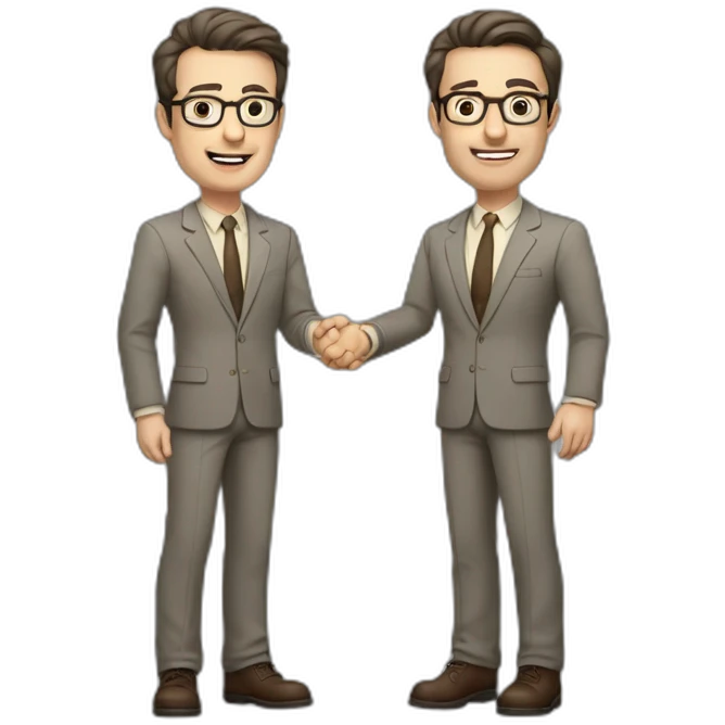 Full height Actively gesturing with hands Pale skinned fit man with dark brown hair in gray jacket, beige office shirt, brown tie, brown pants and vintage glasses. emoji