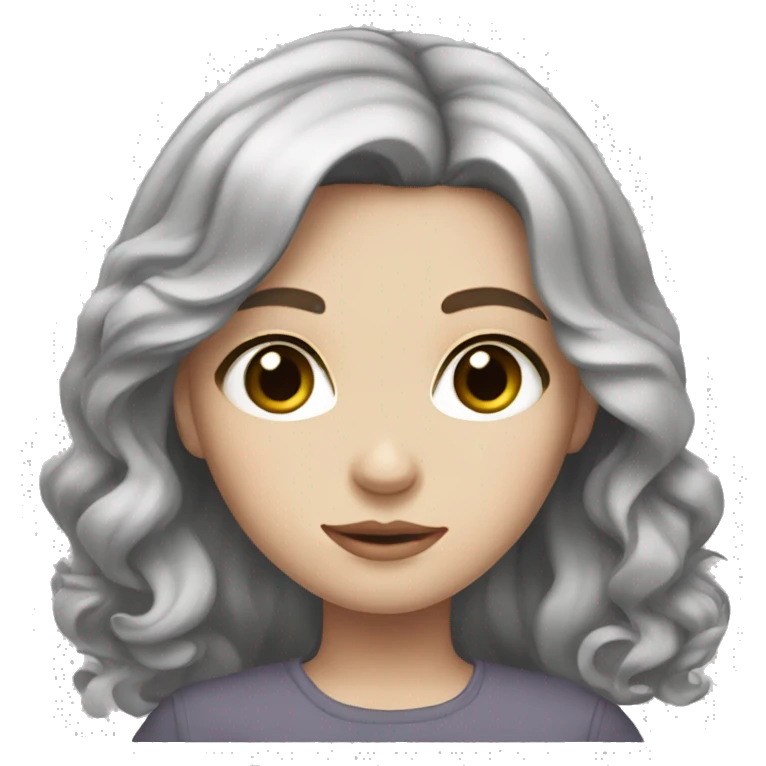 Girl with pale skin, black straigh hair with waves and the end of the hair, grey eyes, and cute  emoji