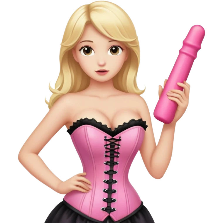 blonde haired girl in corset with bare chest holding big pink dildo in left hand emoji