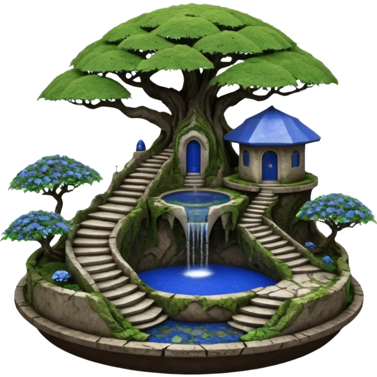 Alien saucer house jungle-vines stairway fountain mountain-island landscape antique mudman very old broken cracked intricate Stone Age lapis-crusted irregular dodecagon-shaped shallow dark moss rough bark blue serissa flowered maple tree bonsai pot emoji