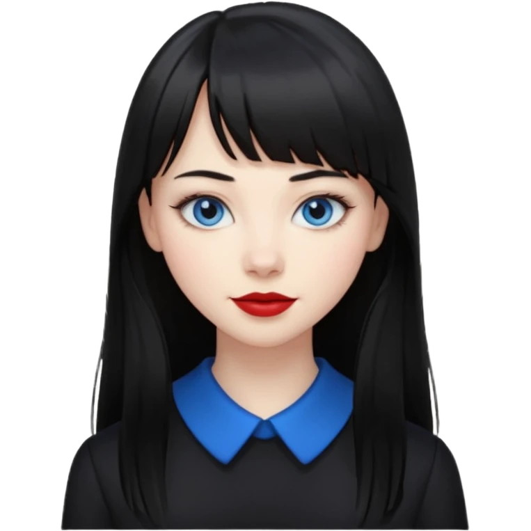 20 yr old woman long straight black hair, pale skin, blue eyes, red lipstick, black clothes, small smile, bangs emoji