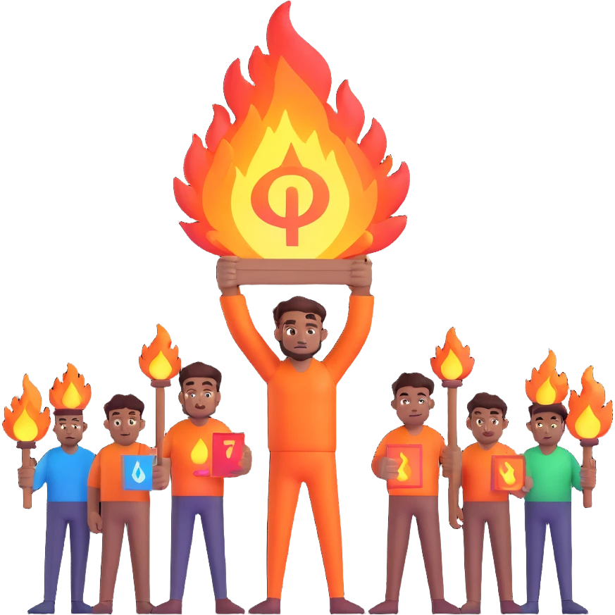 celebratory emoji of a man named Rakesh depicted as a godly figure with a glowing aura and fire elements, standing above five devoted followers, holding a reward sign of 1 lakh, symbolizing his promotion to company COO, conveying admiration and team spirit emoji
