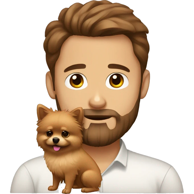 Bearded man brown hair hugging cream pomeranian emoji