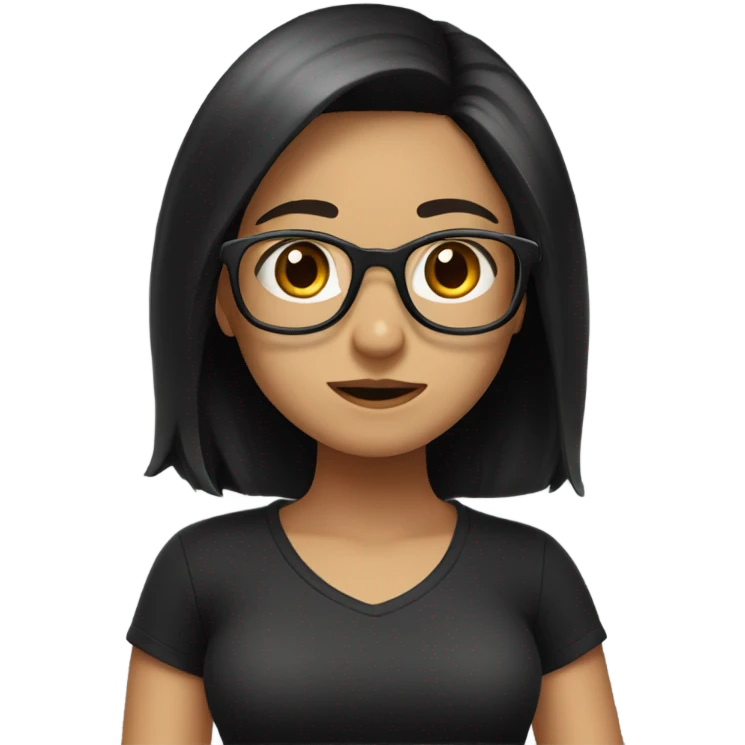 girl shrugging with black shirt, black hair, brown eyes with glasses emoji