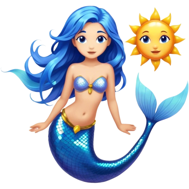Cinematic Realistic Blue Hair Mermaid Portrait, depicted with lifelike, sun-kissed tanned skin that exudes a warm, radiant glow under gentle underwater lighting. Her intricately detailed, flowing blue hair cascades like a waterfall of ocean hues, framing deep, mesmerizing eyes that capture the vibrant spirit of the sea. Adorned with a shimmering tail and delicate tropical accents, the portrait features an enchanting underwater glow that blends realism with mythic coastal allure. emoji