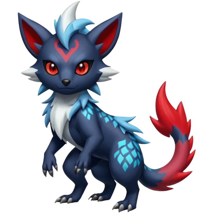 Colorful patterned esoteric shiny glowing scaly scary cool badass edgy Zorua-Absol-Zangoose-Salandit-fusion (full body) emoji