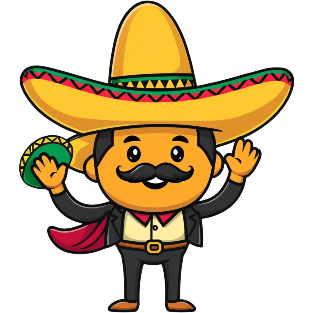 funny Mexican character with a big mustache and sombrero, smiling emoji