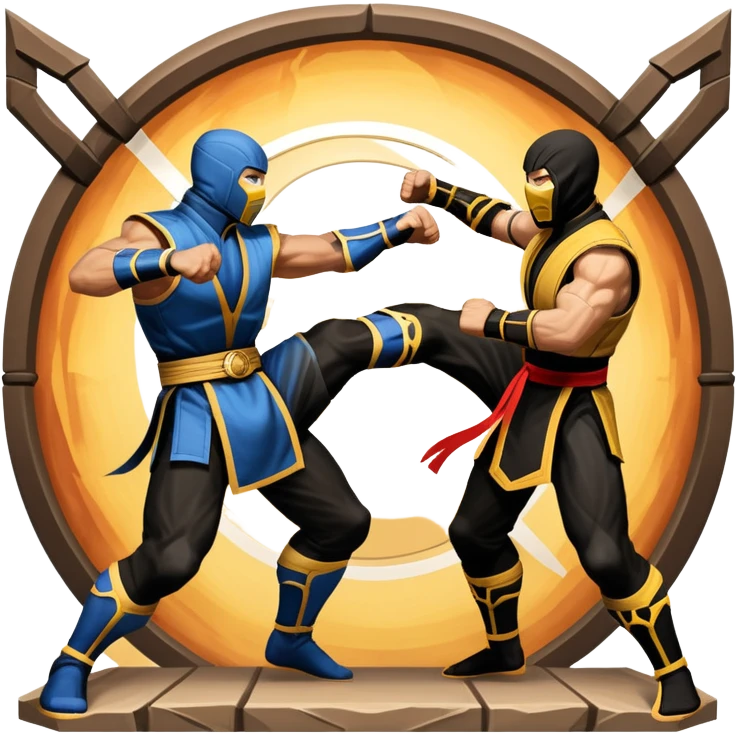 An icon showing two fighters in combat poses, inspired by Mortal Kombat. One character delivers a powerful kick, while the other blocks. The background features an iconic arena from the game with life bars at the top, symbolizing intense battles. Transparent background. emoji