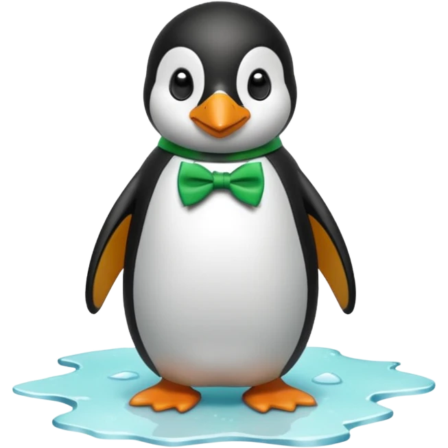penguin, green bow tie, standing on small ice melting emoji