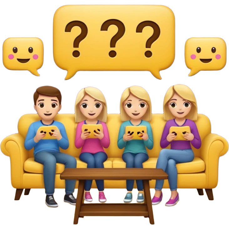 group of friends on couch playing a trivia game couch should be deep dark yellow color.  include a small wooden table in front of the couch as well.  Add smiling face emoji and question marks above their heads emoji