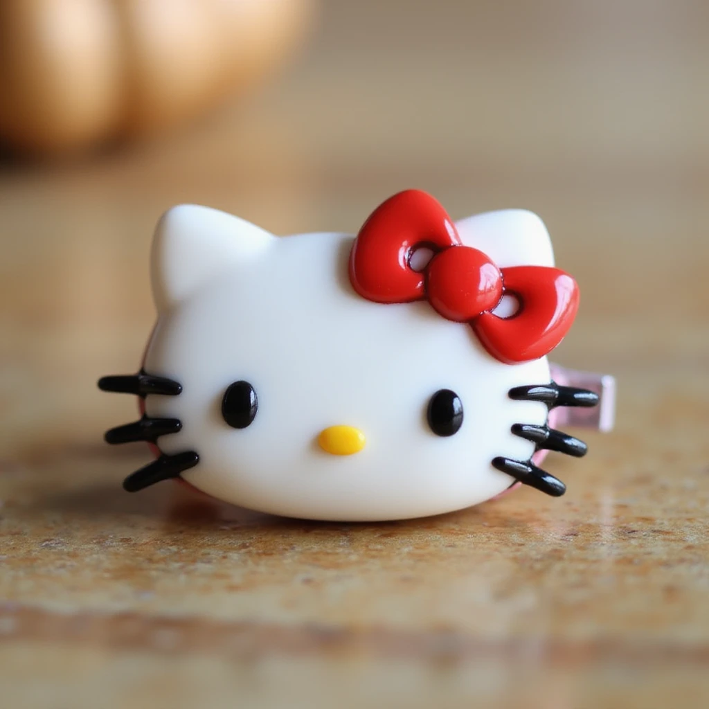 realistic Hello Kitty hair pin made of acrylic material, glossy finish, Hello Kitty's face with a red bow, product photography style emoji