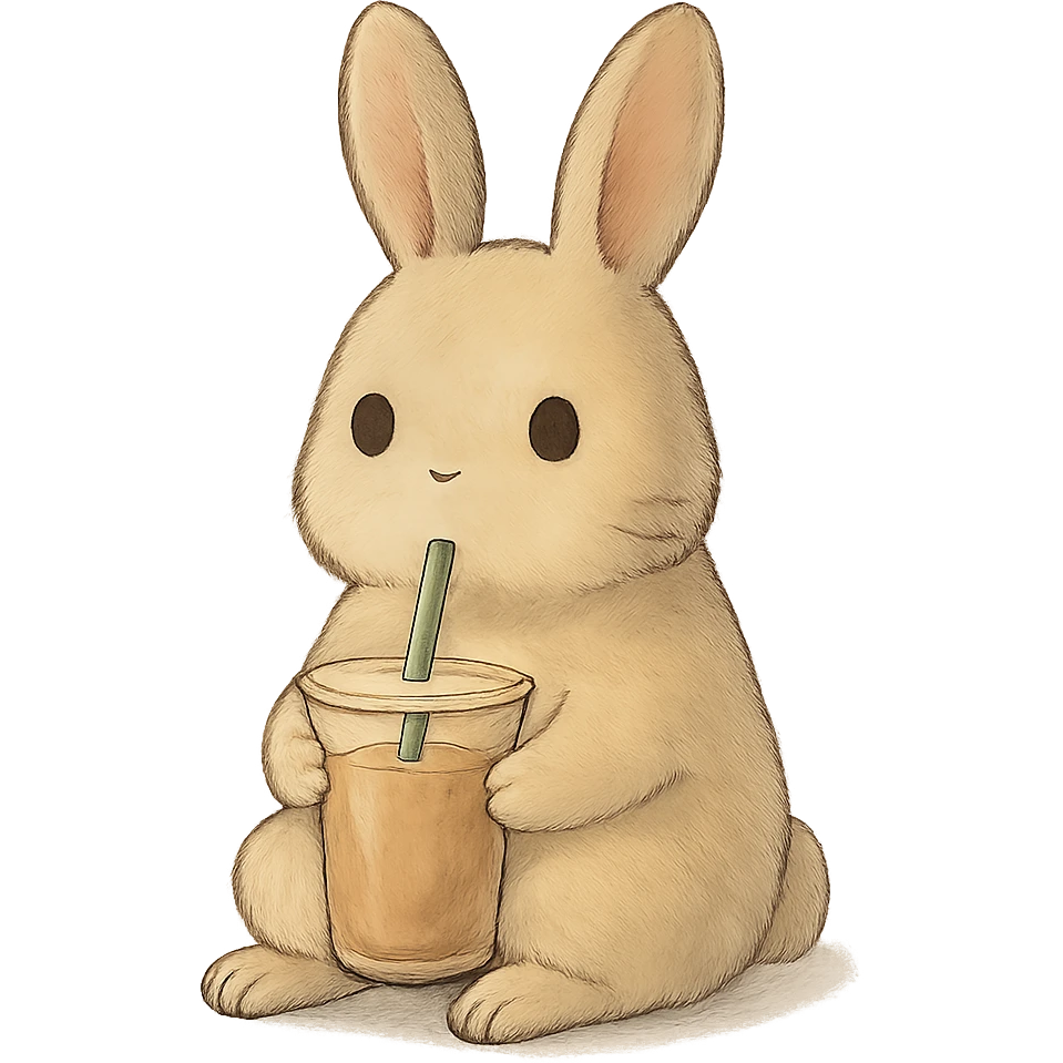 milk tea bunny sitting still with blank stare, soft ghibli style emoji