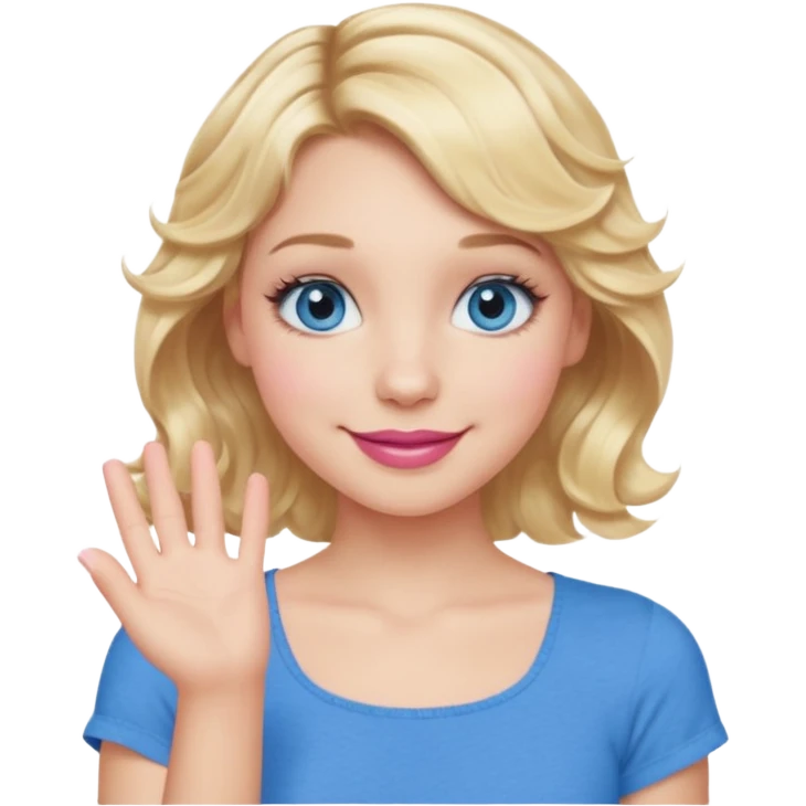 Girl Blonde short wavy hair,  blue eyes, cute blue top, long lashes, pink lips, smiling, one hand 🤷🏼‍♀️  emoji