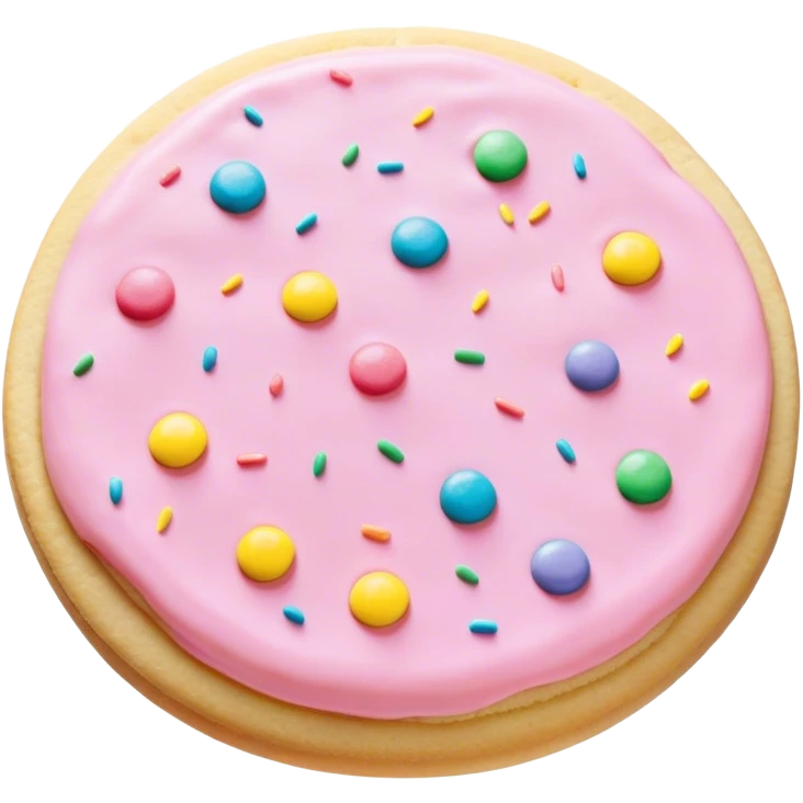 A sugar cookie with pastel pink icing and multicolor pastel sprinkles emoji