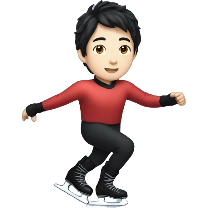 male asian ice skater with a red shiny shirt and black pants with black hair and pale skin skating trough the ice emoji