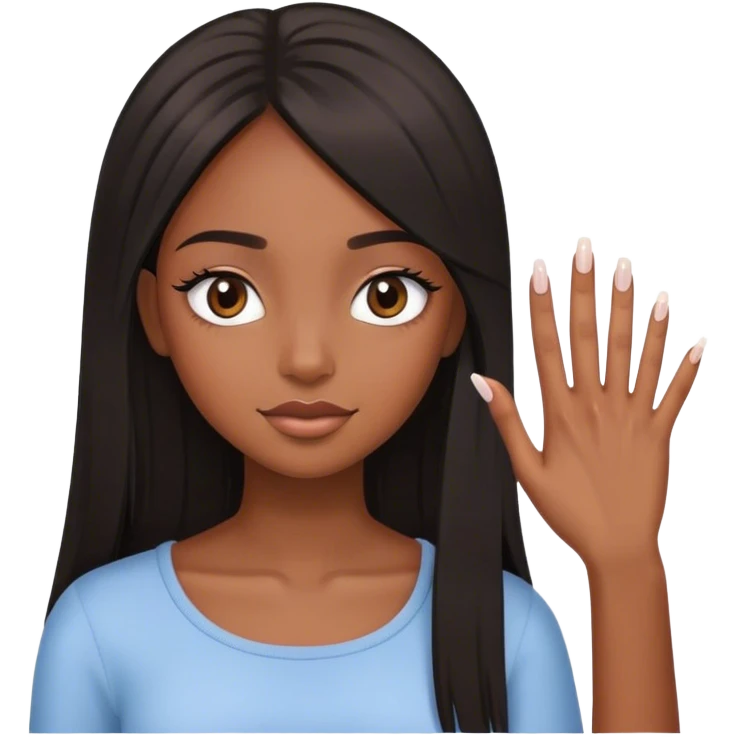 black girl with straight hair and long eyelashes looking at her nails emoji