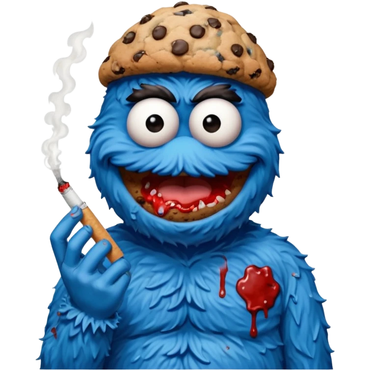 Cookie Monster smoking a cigarette and wearing a blood covered shirt emoji