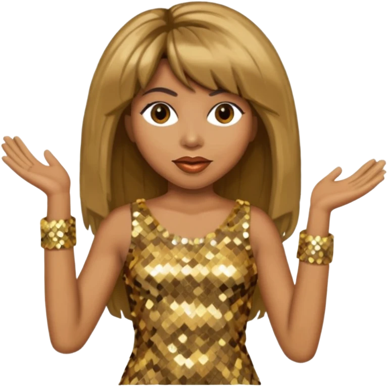 Tina Turner with long brown straight hair, gold sequin outfit emoji