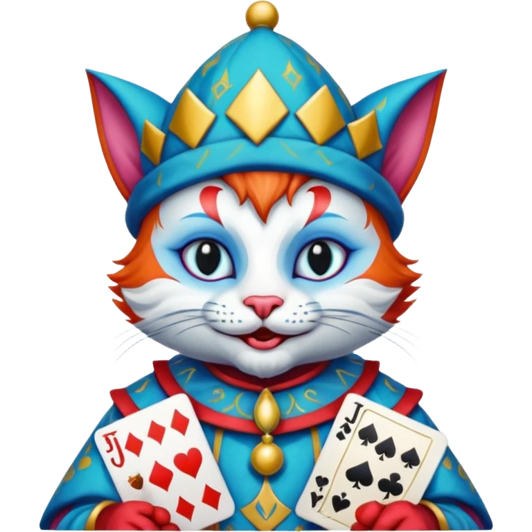 crazy colorful cute little cat jolly joker from poker, medieval, vintage, court jester, mac os icon, blue color, holds poker cards emoji