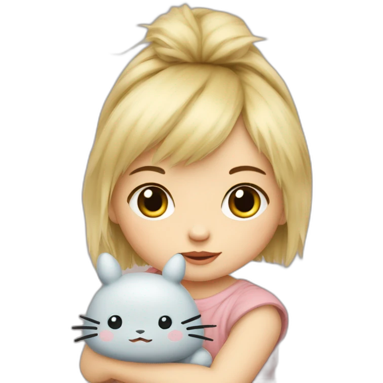 bébé fille blonde décoiffée avec une peluche Totoro  emoji