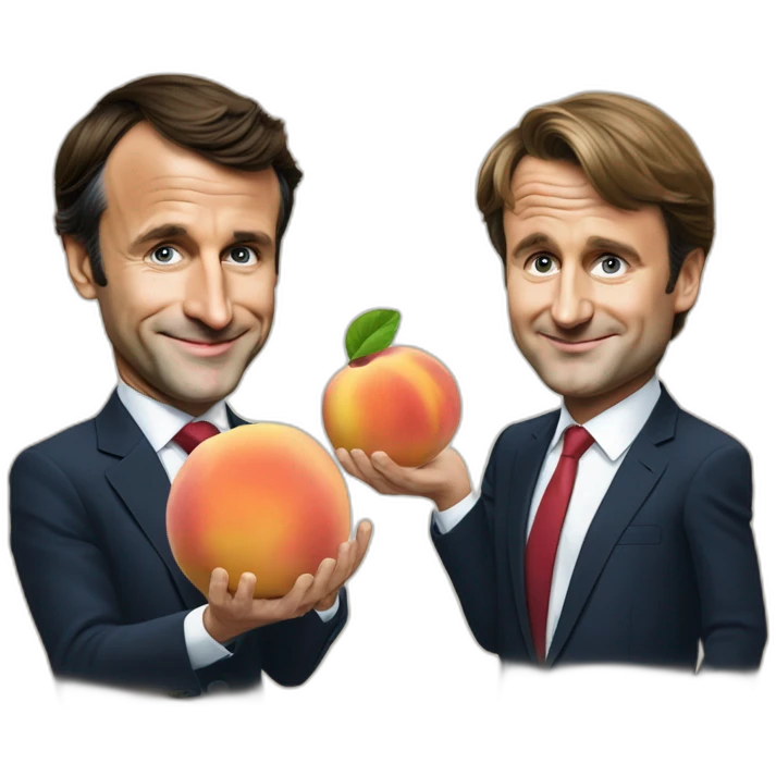 Emmanuel Macron with Justin Trudeau playing with a peach emoji