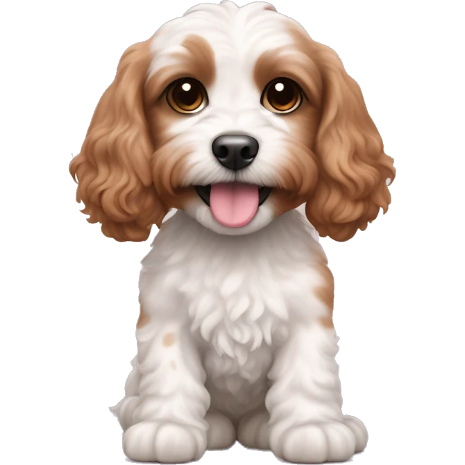 White cavapoo with brown ears and brown spots on back. Pink tummy. Cute and smiley emoji