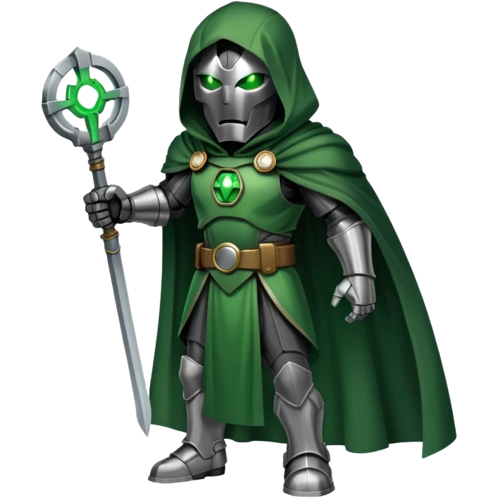Doctor Doom standing with glowing green eyes visible through his metal mask, wearing green cloak emoji
