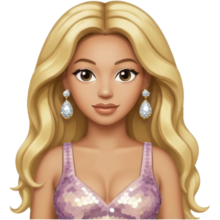 Beyonce with long blonde hair, ivory sequin crop top, ivory earring emoji