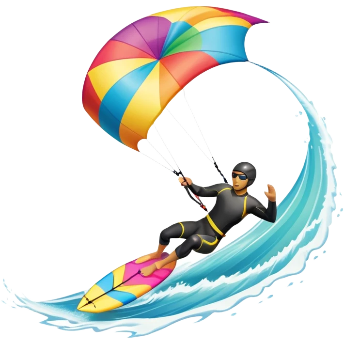 A kite surfer gliding across the water with a colorful kite soaring in the wind. The scene captures the excitement and fluid movement of the sport, with waves splashing around and a clear sky, emphasizing freedom and adventure. emoji