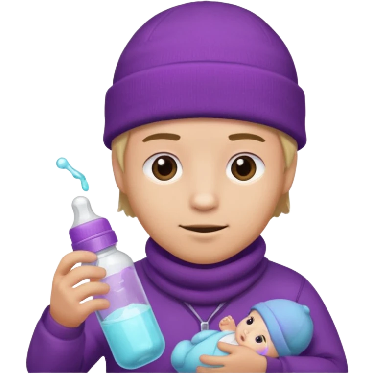 guy with beanie holding a baby bottle with purple liquid emoji