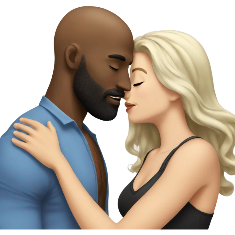 White brunette kissing muscular black bald man with beard emoji