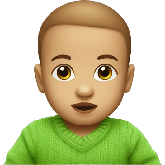 a 2 month old baby with a green sweater and brown eyes farts emoji