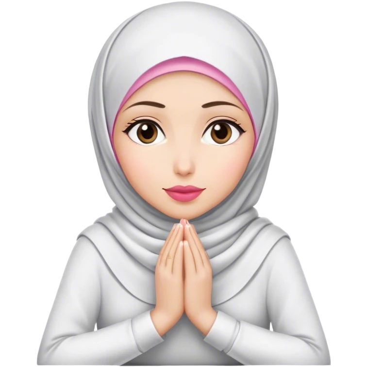 white hijab women are listening with her hands folded on the table. her lips is pink. emoji